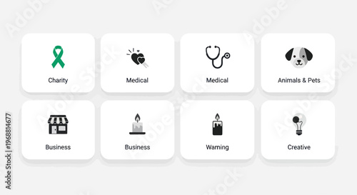 Set of 8 icons: Charity, Medical, Business, Animals, Ideas, and more