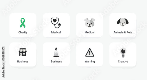 Set of 8 vector icons: Charity, Medical, Business, Pets, Warning, Creative