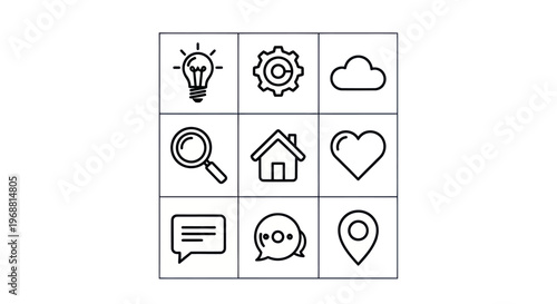Set of 9 simple line icons: light bulb, gear, cloud, search, home, heart, chat, location