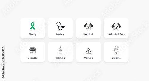 Set of flat icons for charity, medical, animals, business, warning, creation