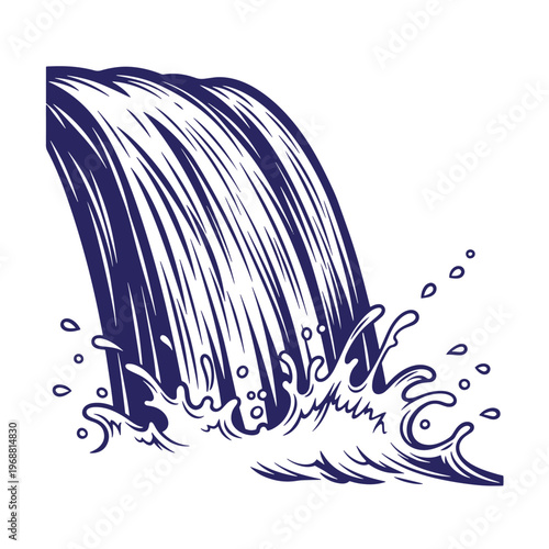 Dark blue ink style of a cascading waterfall with splashing water droplets and flowing stream lines isolated on a white background