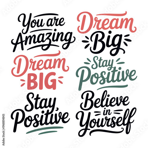 A colorful typographic poster with motivational phrases to inspire positivity and self-confidence