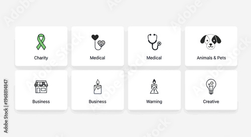 Set of 8 diverse flat icons for business, charity, medical, and creative concepts