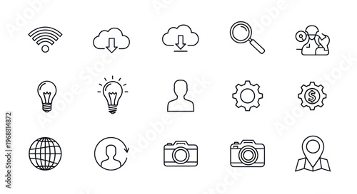Set of hand-drawn digital icons: technology, business, and lifestyle symbols