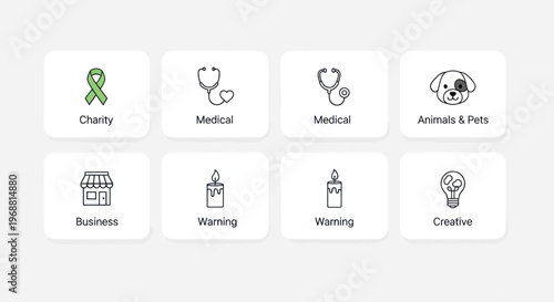 Set of 8 diverse line art icons for web and app design: charity, medical, business, creative