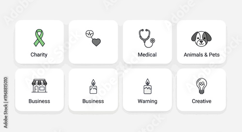 Set of diverse icons: charity, love, medical, pets, business, warning, creative
