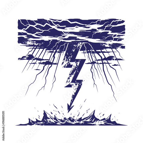 Dark blue ink style of a jagged lightning bolt striking a turbulent ocean surface with heavy storm clouds and rain streaks isolated on a white background