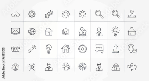 Set of Business and Technology Icons, Outline Style, White Background