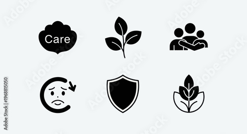 Set of Icons: Care, Nature, Community, Protection, Growth, Sadness