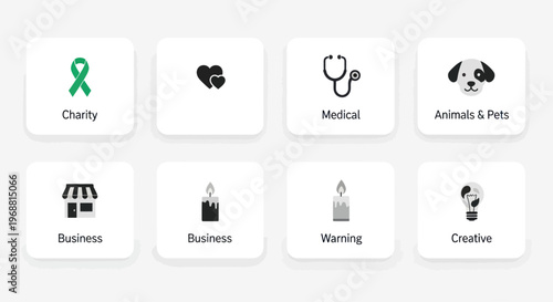 Set of icons: Charity, Health, Pets, Business, Warning, Creation