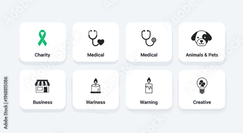 Set of Icons: Charity, Medical, Business, Animals, War, Creative Concepts