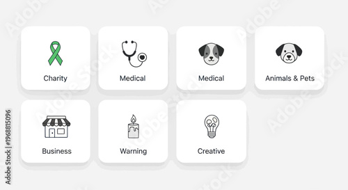 Set of Icons: Charity, Medical, Business, Animals, Waning, Creative