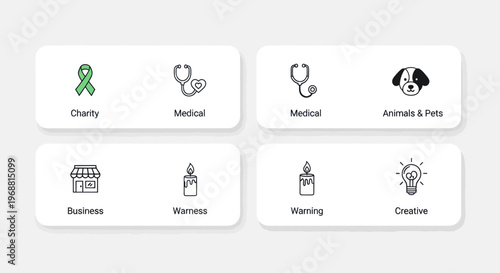 Set of Icons: Charity, Medical, Business, Animals, Warmth, Creative Ideas