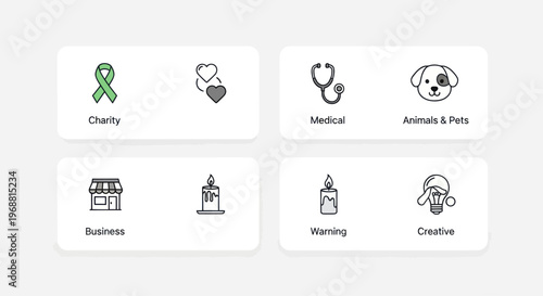 Set of Icons: Charity, Medical, Pets, Business, Warming, Creative