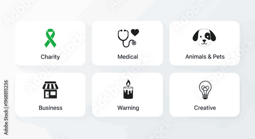 Set of icons: Charity, Medical, Pets, Business, Warning, Creative - flat design