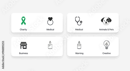 Set of Icons: Charity, Medical, Animals, Business, Warning, Creative