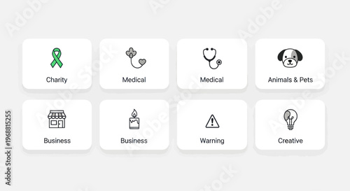 Set of Icons: Charity, Medical, Pets, Business, Warning, Creative Concepts