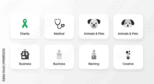 Set of Icons: Charity, Medical, Pets, Business, Warning, Creative Concepts