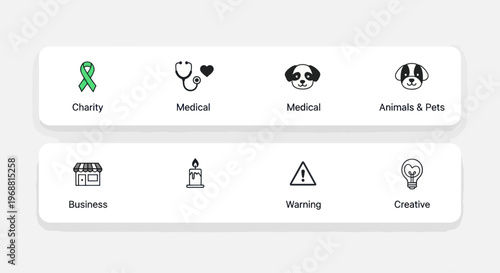 Set of icons: Charity, Medical, Business, Animals, Warning, Creative, Candle, Lightbulb