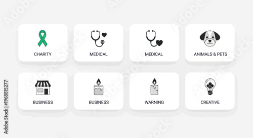 Set of Icons: Charity, Medical, Animals, Business, Warning, Creative