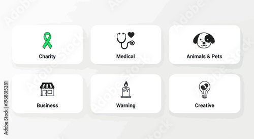 Set of Icons: Charity, Medical, Pets, Business, Warning, Creative Concepts