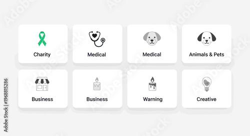 Set of Icons: Charity, Medical, Business, Animals, Warning, Creative