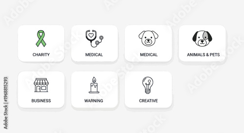 Set of Icons: Charity, Medical, Animals, Business, Warning, Creative