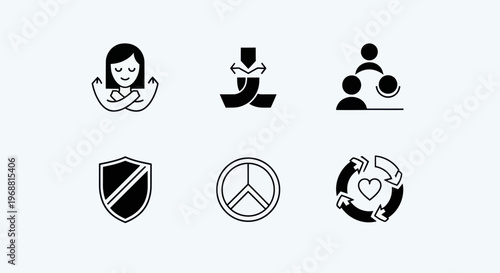 Set of Icons: Empowerment, Unity, Peace, Protection, and Sustainability