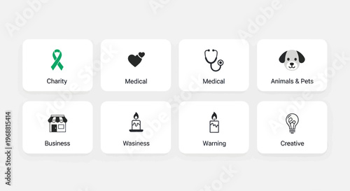 Set of Icons: Charity, Medical, Business, Animals, Awareness, Warning, Creative