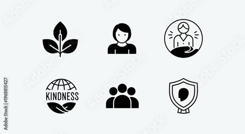 Set of Icons: Kindness, Community, Sustainability, People, Support, Healthcare