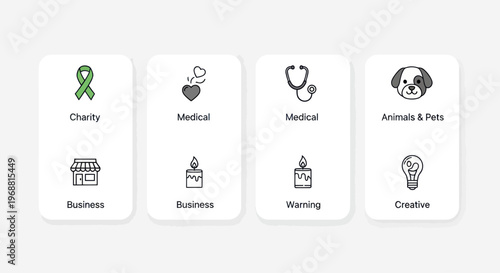 Set of Icons: Charity, Medical, Business, Animals, Warning, Creative