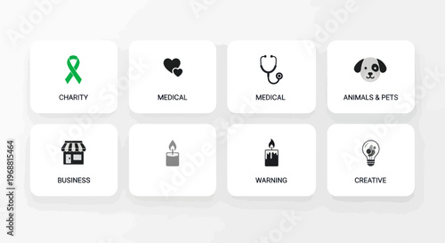 Set of Icons: Charity, Medical, Business, Animals, Warning, Creative