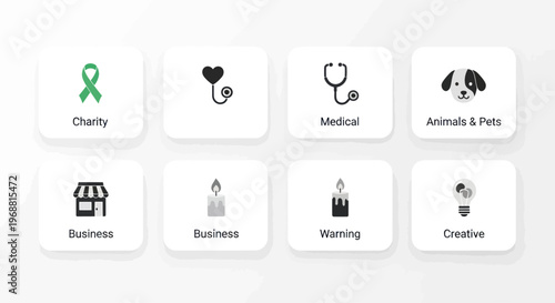 Set of Icons for Business, Charity, Medical, Pets, and Creativity