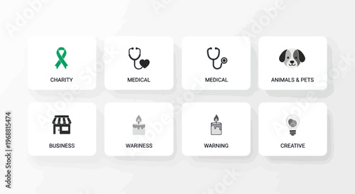 Set of icons for business, charity, medical, pets, warning, and ideas