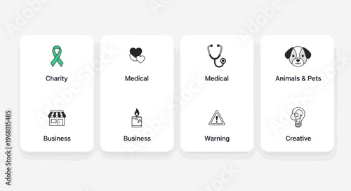 Set of Icons for Business, Charity, Medical, Warning, Animals, and Creation