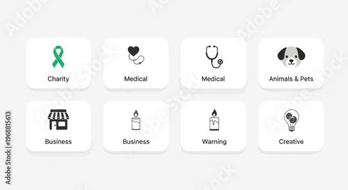 Set of icons for charity, medical, business, animals, warning, and creative concepts.