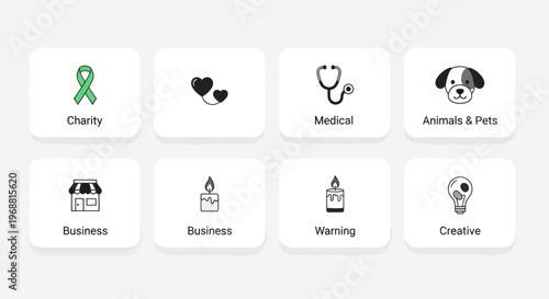 Set of Icons for Charity, Medical, Business, Animals, Warning, Creative Concepts