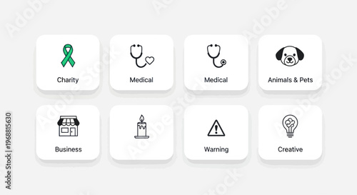 Set of Icons: Charity, Medical, Business, Warning, Creative, Pets, Candle