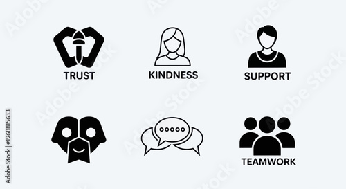 Set of Icons Representing Core Values: Trust, Kindness, Support, Teamwork