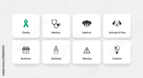 Set of Icons Representing Cruelty, Medical, Business, Warning, and Creative Concepts