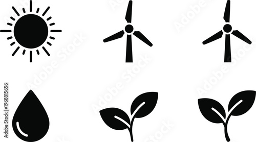 Renewable energy and nature icons sun wind water and plant life