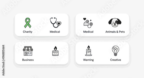 Set of Icons: Charity, Medical, Business, Animals, Creative Concepts