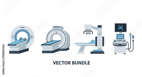Advanced medical imaging equipment for diagnostics, including X-ray machine, CT scan, MRI machine, and ultrasound, presented as a vector bundle on an isolated white background.