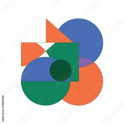 A colorful abstract composition of geometric shapes on a white background