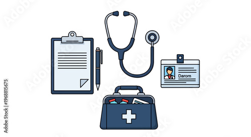 Doctor's essential tools for professional medical practice including clipboard, stethoscope, medical bag, and ID badge on an isolated white background.