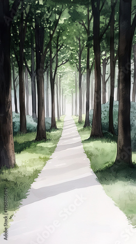 Forest path watercolor tree grove green woodland narrow trail soft light tranquil scene copy space vertical composition