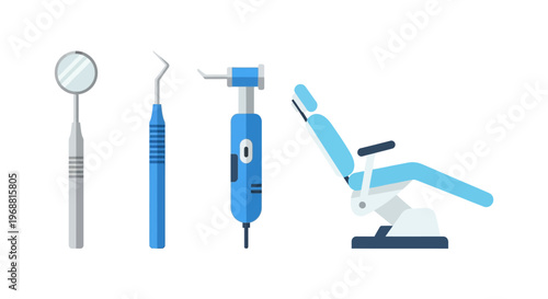 Dental care set with mirror, probe, drill, and comfortable dental chair for professional examination and treatment on an isolated white background.