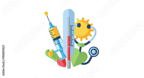 Medical concept showing syringe, thermometer, virus, and stethoscope, symbolizing diagnosis and treatment on an isolated white background.