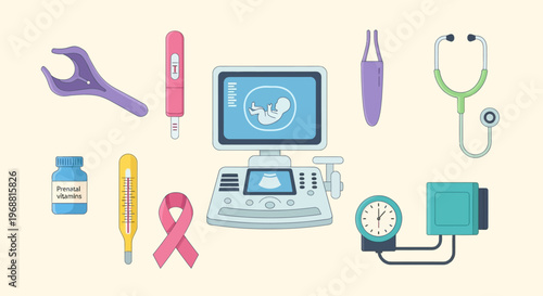 Women's health and pregnancy care items such as an ultrasound monitor, pregnancy test, and pink ribbon for awareness in a bright studio.
