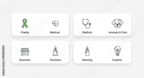 Set of Icons Representing Charity, Medical, Business, and Creative Concepts